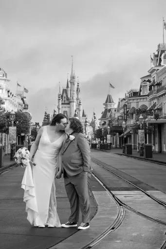 A black and white photo of Alexis and Christian